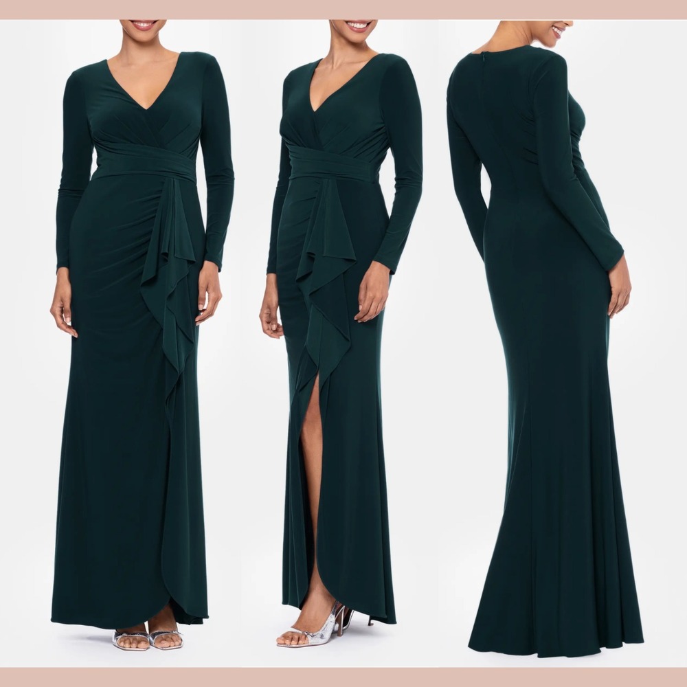 NWD Betsy & Adam‎ [ 10 ] Cascade Ruffle Long Sleeve Stretch Jersey Gown Q1275